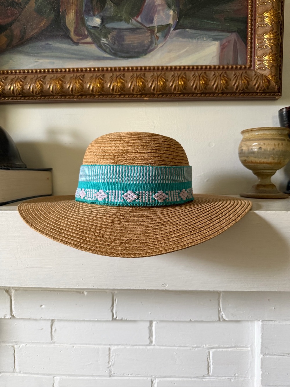 Straw Hat with Teal Embroidered Band